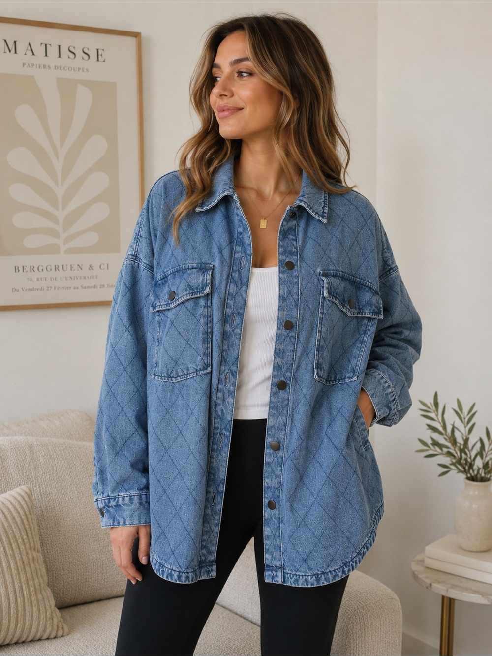Celebrity Pink Quilted Denim Shacket Oversized Blue Jean Jacket size Large